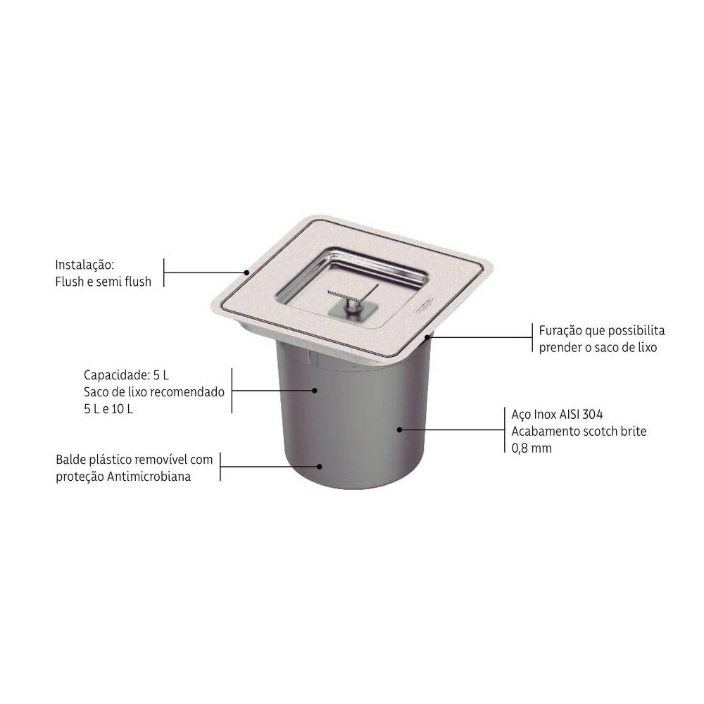 Lixeira de Embutir Tramontina Clean Square em Aço Inox com Balde Plástico 5 L
