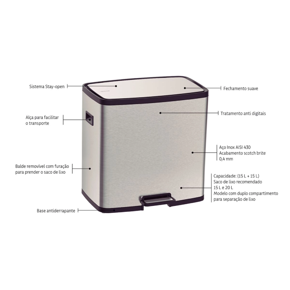 Lixeira Tramontina Octos em Aço Inox com 02 Baldes Removíveis e Pedal 15 L + 15 L