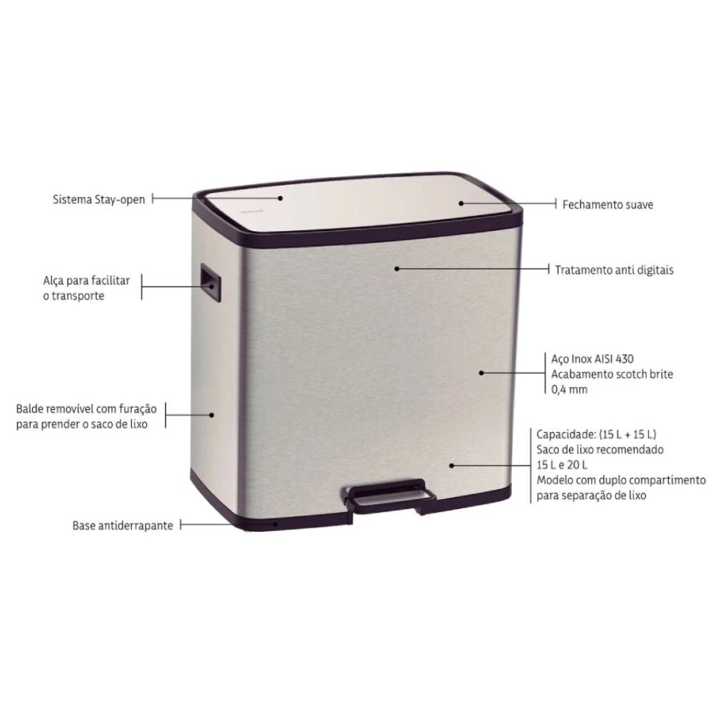 Lixeira Tramontina Octos em Aço Inox com 02 Baldes Removíveis e Pedal 15 L + 15 L