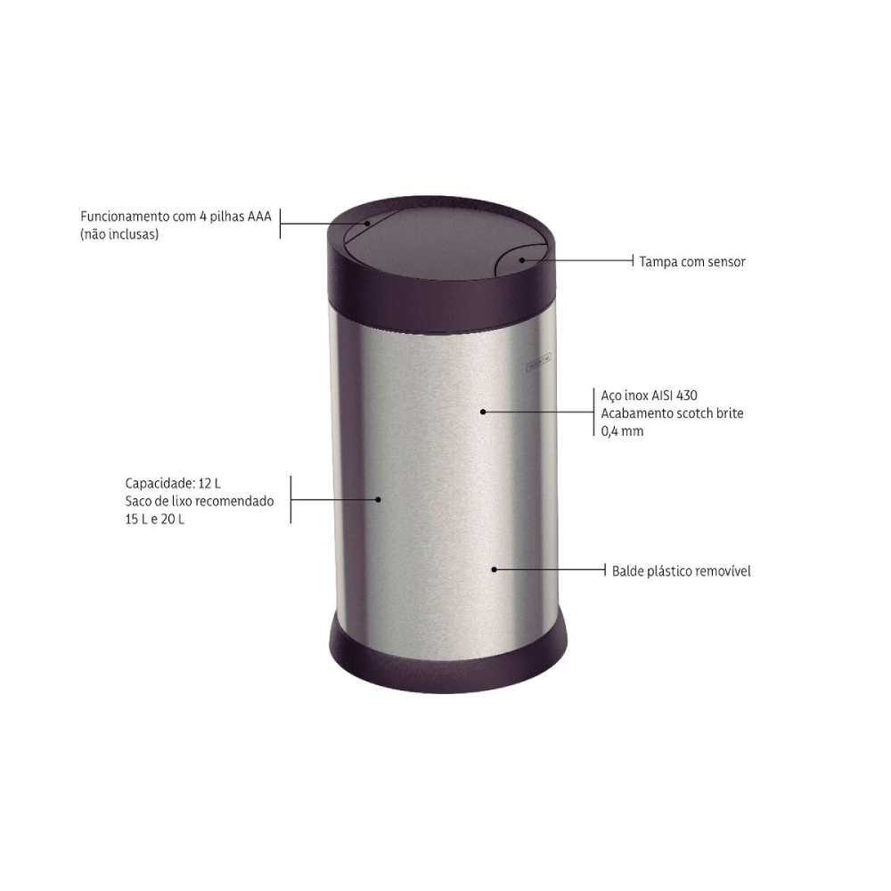 Lixeira Tramontina Smart Automática com Sensor em Aço Inox com Acabamento Acetinado 12 L