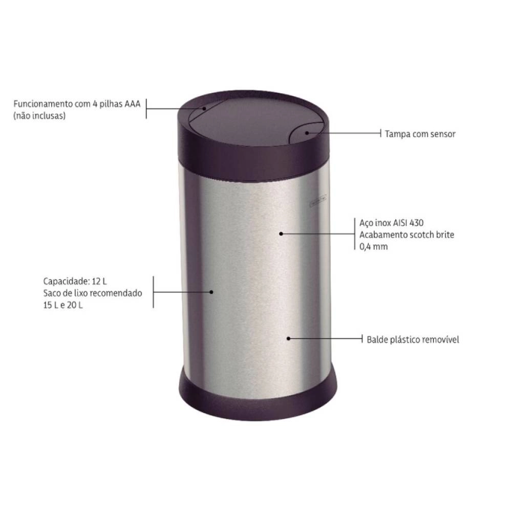 Lixeira Tramontina Smart Automática com Sensor em Aço Inox com Acabamento Acetinado 12 L