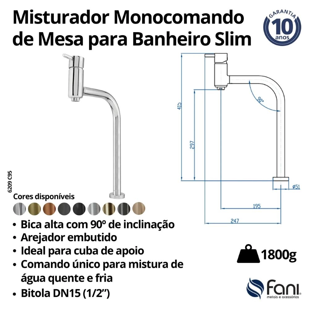Monocomando de Mesa para Lavatório Bica Alta Slim Fani 6209 OV95 Monocomando de Mesa para Lavatório Bica Alta Slim Fani 6209 OV95