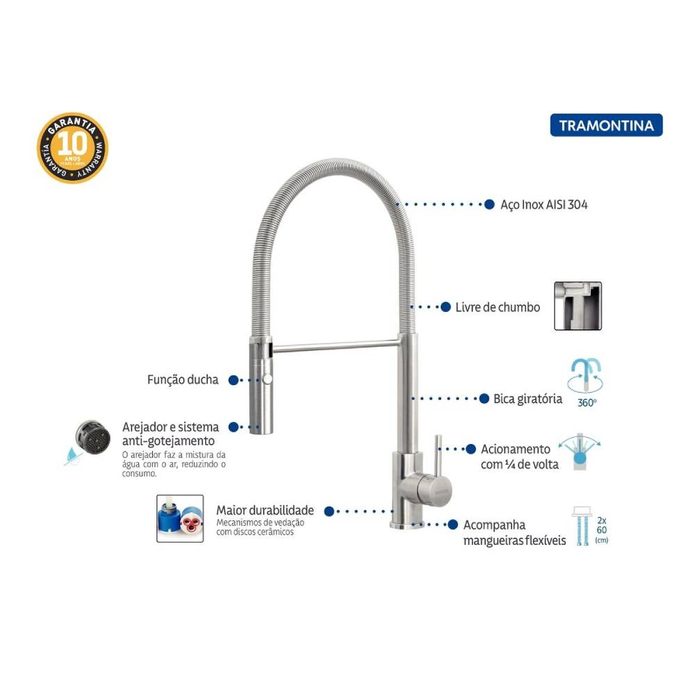 Monocomando Tramontina Versatile em Aço Inox com Bica Móvel 