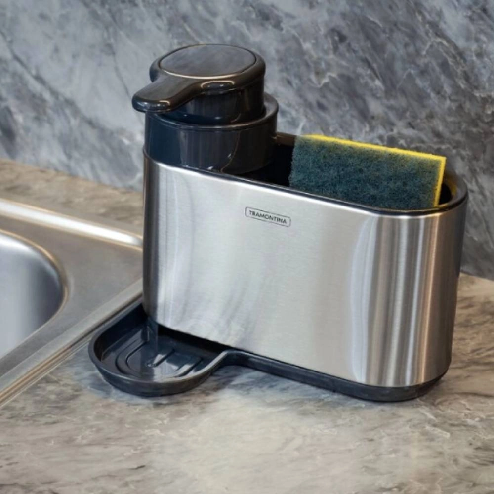 Suporte de Esponja Tramontina com Dosador de Sabão em Plástico ABS e Aço Inox